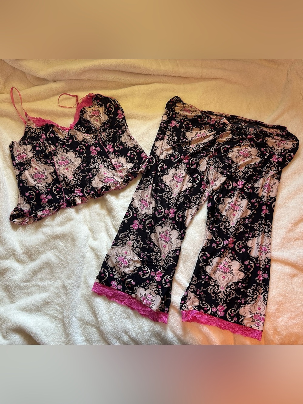 Studio Donatella Black and Pink Floral Cottagecore Lace Pajama Set